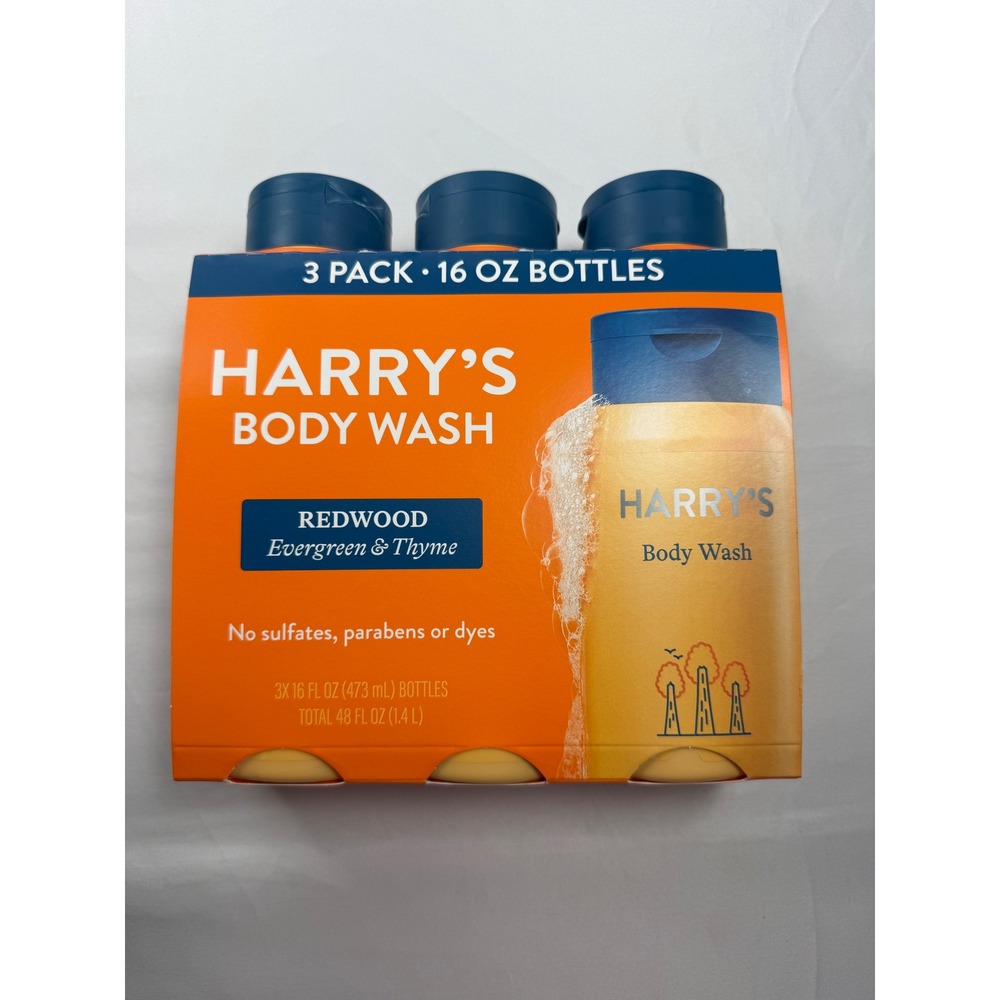 Harry's Body Wash Redwood Scent 3 Pack 16 oz Bottles Evergreen & Thyme